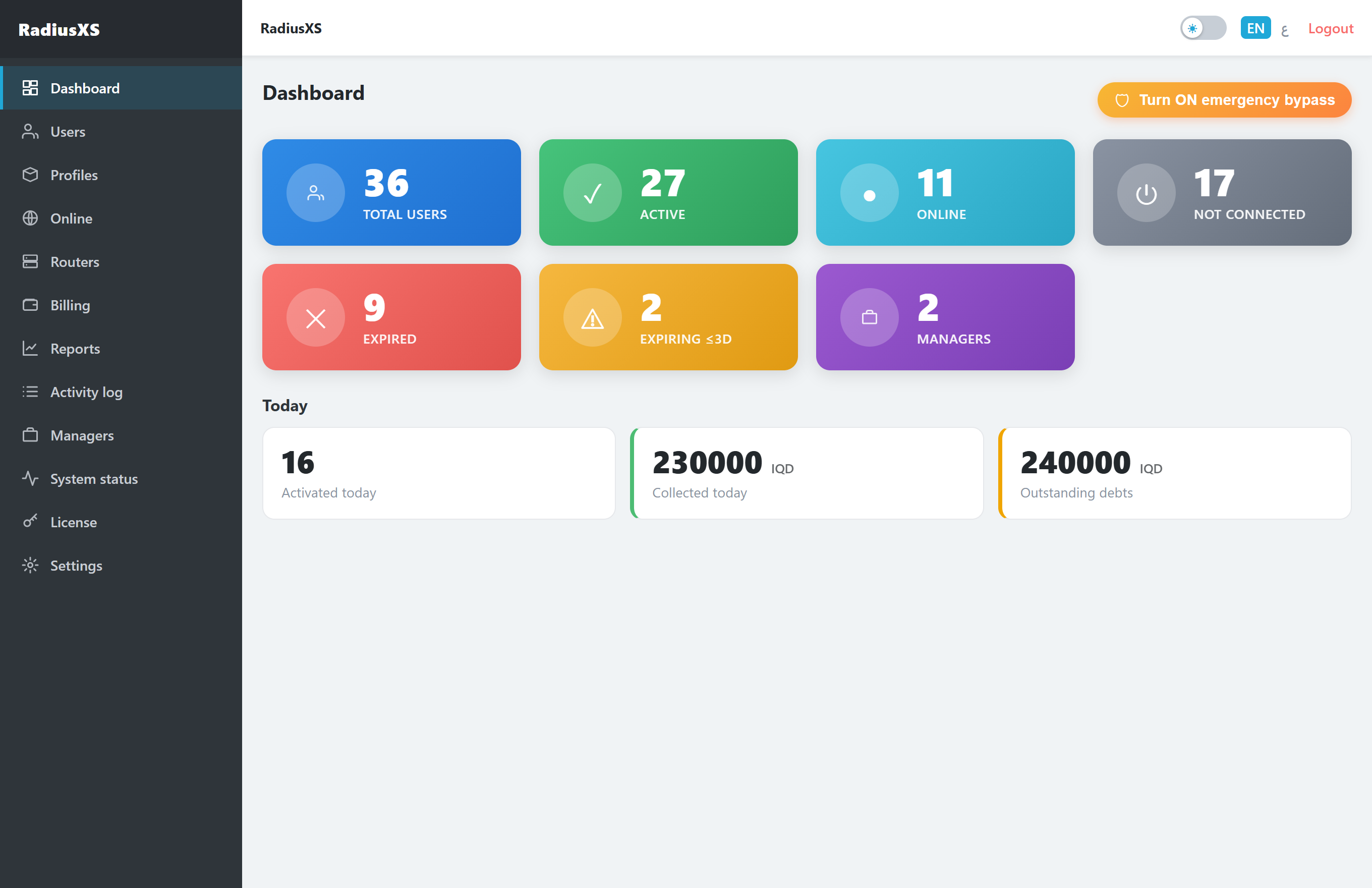 RadiusXS dashboard